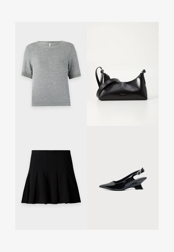 Grå kortærmet sweater med rund hals og spredte hvide perle-lignende accenter. Blød strikstruktur med ribkant ved nederste kant og ærmer.; Sort kort plisseret nederdel lavet af et glat stof. Har en elastisk talje og en flagrende silhuet, der når til midten af låret.; Sort laklæder slingback sko med spids tå og lav vinklet blokhæl på ensartet lys baggrund.; Sort læderhåndtaske med en glat tekstur. Har en justerbar stropp og et enkelt, minimalistisk design med lynlås.