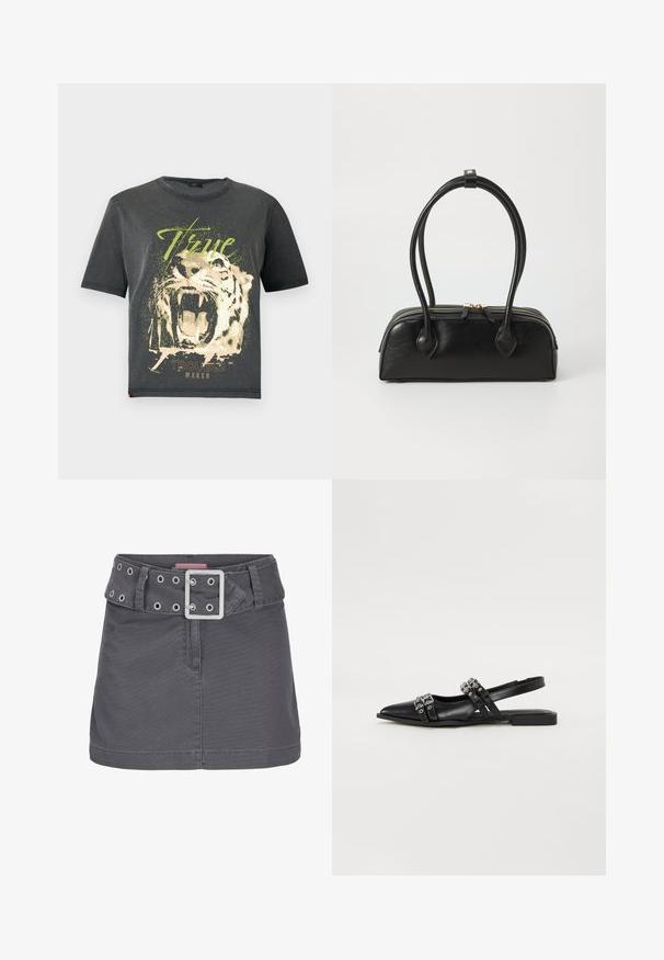 JDY JDYFAROCK ELINA - T-Shirt print - black; Grauer Baumwoll-Minirock mit breitem Gürtel, der mit silbernen Ösen und einer quadratischen metallischen Schnalle versehen ist, gestaltet in einer klaren, geraden Silhouette.; Even&Odd by Zalando Sling-Ballerina - black; Schwarze Lederhandtasche mit zwei verlängerten Griffen, Reißverschluss und runder Form; glatte Textur mit subtiler glänzender Oberfläche.