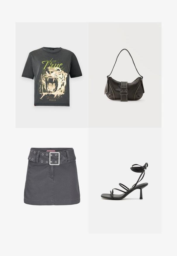 JDY JDYFAROCK ELINA - T-Shirt print - black; Grauer Baumwoll-Minirock mit breitem Gürtel, der mit silbernen Ösen und einer quadratischen metallischen Schnalle versehen ist, gestaltet in einer klaren, geraden Silhouette.; Schwarze Sandale mit Riemchen, quadratischer Zehenpartie, verstellbaren Knöchelbindungen und einem schmalen Blockabsatz. Hergestellt aus einem glatten, strapazierfähigen Material.; Schwarze Leder-Schultertasche mit Schnallengurt-Detail, abgerundeten Kanten und kontrastierenden weißen Nähten auf schlichtem Hintergrund.