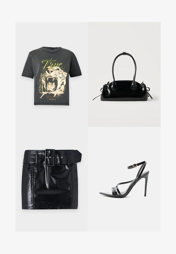 JDY JDYFAROCK ELINA - T-shirts print - black; Sort faux læder mini nederdel med krokodillemønster, bredt bælte med firkantet spænde og trykknapdetalje i taljen.; Sort højhælet sandal med tynde remme over tæerne og anklen, med en gylden spænde på en slank stilet-hæl.; Lille sort blank håndtaske med to lange håndtag og snøre-detaljer i siden på en ensfarvet lys baggrund.
