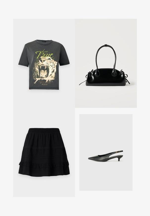 JDY JDYFAROCK ELINA - T-shirt imprimé - black; Jupe en coton noir avec un design à volants superposés, dotée d'une taille élastique et d'ornements en couture contrastée et en bandes de dentelle.; Chaussure slingback noire à bout pointu en cuir lisse. Présente un talon fin et un détail de boucle sur la sangle réglable.; Petit sac à main noir brillant avec deux longues anses et des détails à cordon sur les côtés sur un fond clair uni.
