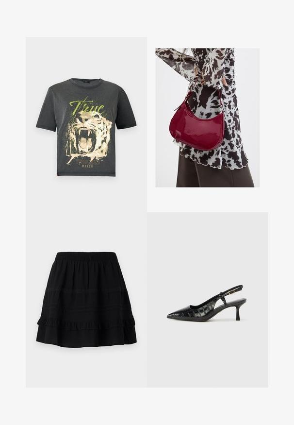 JDY JDYFAROCK ELINA - T-shirt print - black; Zwarte katoenen rok met een gelaagde ruffles ontwerp, met een elastische tailleband en versieringen van contrasterende stiksels en kantbanden.; Zwarte slingback hakken met een spitse neus en een structuur van krokodillenembossing. Voorzien van een smalle enkelband en een kleine hak.; Vrouw met een zwart-wit gebloemde blouse houdt een glanzende rode schoudertas vast tegen een effen achtergrond.