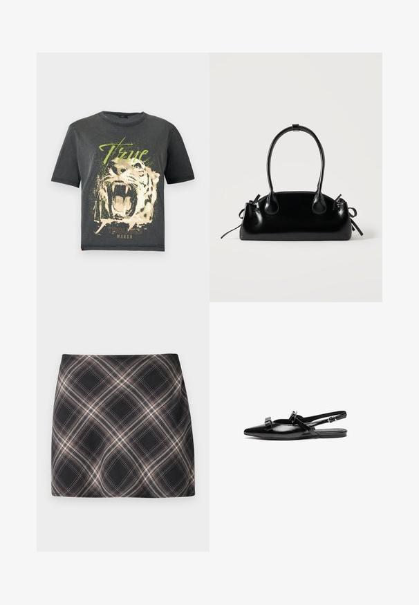 JDY JDYFAROCK ELINA - T-shirt print - black; Zwart en beige geruite minirok met diagonaal geblokt patroon, aansluitende taille en een gladde stoftextuur.; Zwarte leren slingback ballerina met een spitse neus, voorzien van ruches op de wreef en een verstelbare enkelband. Gladde oppervlaktetextuur.; Kleine zwarte glanzende handtas met twee lange hengsels en zijkant trekkoord details op een effen lichte achtergrond.