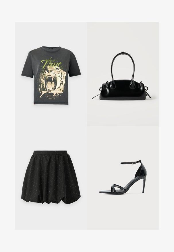 JDY JDYFAROCK ELINA - T-Shirt print - black; Schwarzer Bubble-Rock mit elastischem Bund und weißem Punktemuster. Hergestellt aus leichtem Stoff, mit voluminösem Design und geschwungenem Saum.; Schwarze Sandale aus Lackleder mit hohem Absatz, dünnem Knöchelriemen, offenem Zehenbereich und minimalistischem Design auf hellem, einfarbigem Hintergrund.; Kleine schwarze glänzende Handtasche mit zwei langen Griffen und seitlichen Kordelzug-Details vor einfachem hellem Hintergrund.