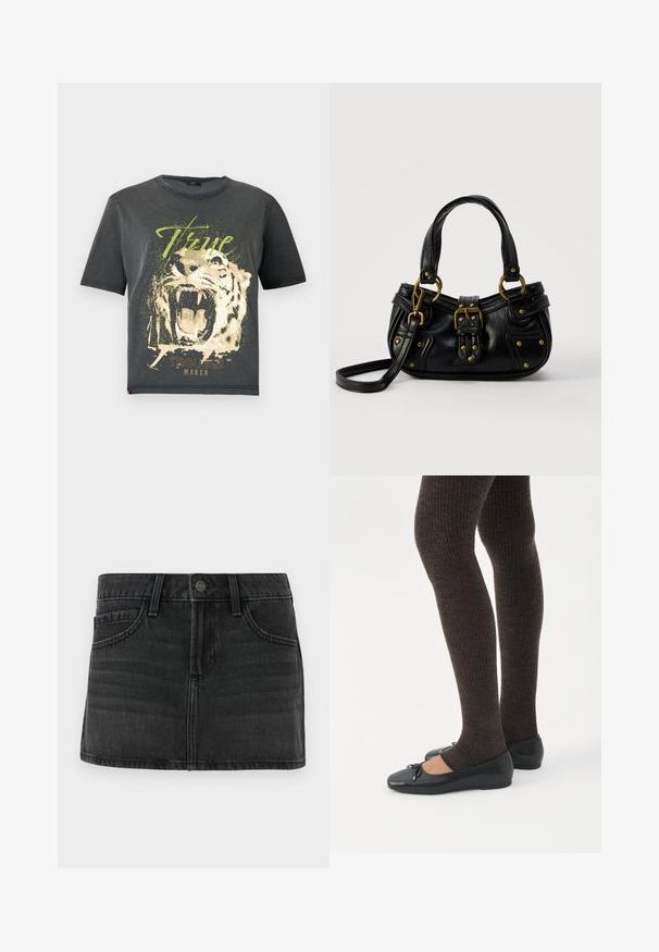 JDY JDYFAROCK ELINA - T-shirt imprimé - black; Jupe en denim noir au design ajusté, cinq poches et une taille. Elle dispose d'une fermeture à bouton en métal et d'un léger effet délavé.; Jambes portant des leggings côtelés foncés associés à des ballerines noires avec de petits détails en nœud sur fond blanc.; Sac à main en cuir noir avec boucle dorée et détails à rivets, poignées courtes et bandoulière réglable sur fond blanc uni.