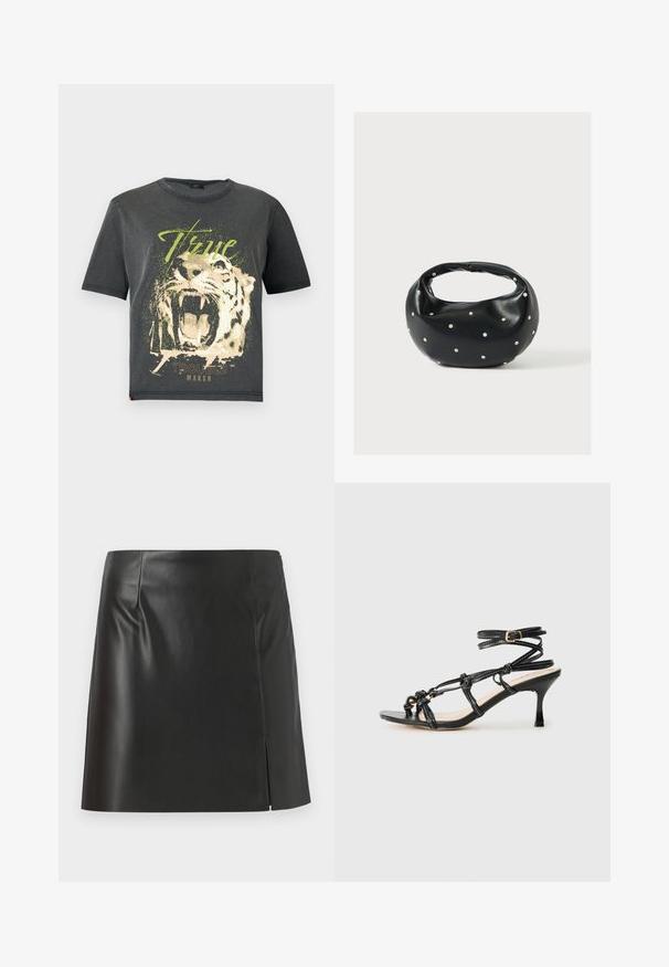 JDY JDYFAROCK ELINA - T-Shirt print - black; Schwarzer Leder-Minirock mit geradem Schnitt, glatter Textur und seitlichem Reißverschluss sowie einem Schlitzdetail auf einer Seite.; Schwarze Lackleder-Sandale mit hohen Absätzen und Riemchen-Design, verstellbarem Knöchelriemen und geknoteten Details. Glatte Textur, spitze Zehen.; Schwarze Lederhandtasche mit abgerundeter Form, verziert mit silbernen Nietenakzenten und kurzem Griff. Glatte Struktur und Reißverschlussverschluss.