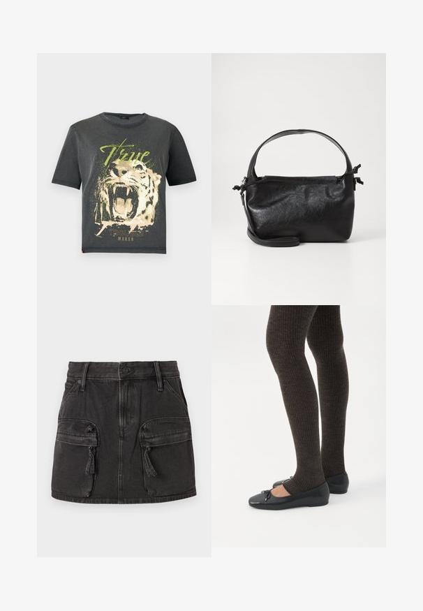 JDY JDYFAROCK ELINA - T-shirts print - black; Sort denim nederdel med en tætsiddende talje, to front cargo-lommer og en falmet tekstur. Har knaplukning og bæltestropper.; Ben iført mørke ribbede leggings kombineret med sorte balletsko med små sløjfedetaljer på hvid baggrund.; Sort læderhåndtaske med et struktureret design, rund tophåndtag og aftagelig skulderrem. Den har en glat tekstur og en subtil glans.