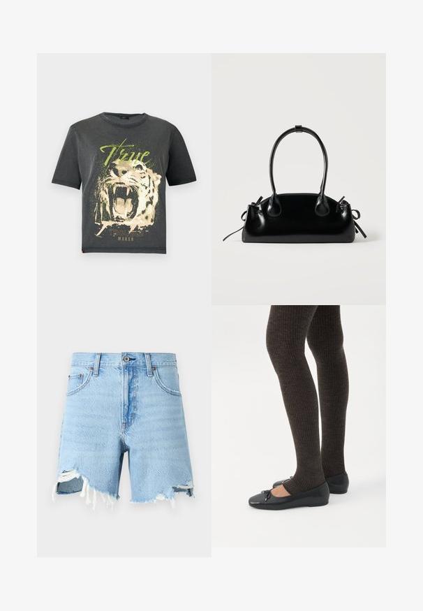 JDY JDYFAROCK ELINA - T-shirt print - black; Lichtblauwe denim shorts met een klassiek vijf-pocket ontwerp, rafelige zoom en versleten details aan de voorkant.; Benen met donkere geribbelde leggings gecombineerd met zwarte ballerina's met kleine strikdetails op een witte achtergrond.; Kleine zwarte glanzende handtas met twee lange hengsels en zijkant trekkoord details op een effen lichte achtergrond.