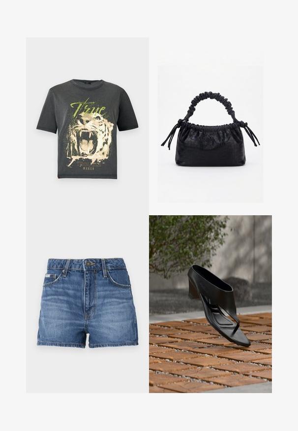 JDY JDYFAROCK ELINA - T-shirts print - black; Denimshorts i mellemblå, med fem lomme-design, bæltestropper og frynsede kanter. Standard knap- og lynlåslukning.; Sort højhælet sandal med thongsrem, svævende over et mønstret træ- og grusbelagt udendørsareal med sløret grønt område og væg i baggrunden.; Sort taske med krokodilletekstur, rynket øverste kant, samlet hank og snore med kvaster på hver side mod en hvid baggrund.
