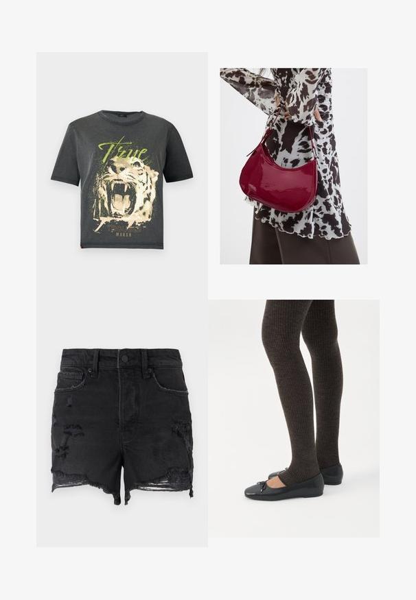 JDY JDYFAROCK ELINA - Tričko s potlačou - black; Good American Denimové šortky - black; Nohy v tmavých pásikavých legínach v kombinácii s čiernymi balerínkami s malými mašličkami na bielom pozadí.; Žena v čierno-bielom vzorovanom blúzke drží lesklú červenú kabelku cez rameno na jednofarebnom pozadí.