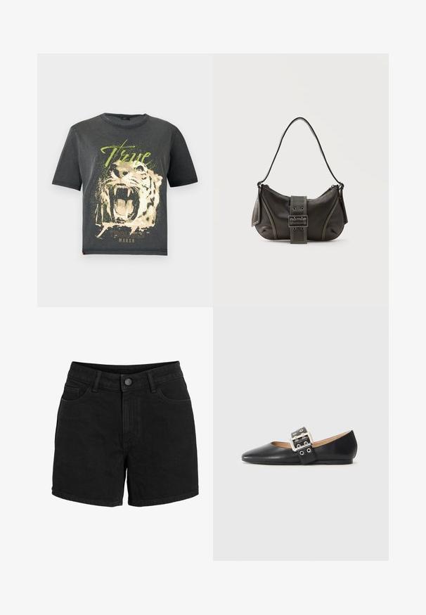 JDY JDYFAROCK ELINA - T-shirt print - black; Zwarte denimshorts met knoop- en ritssluiting, riemlussen, voor- en achterzakken, weergegeven op een witte achtergrond.; Zwarte platte leren schoen met spits toelopende neus en een decoratieve gespsluiting met zilverkleurige metalen details en kleine uitsparingen.; Zwarte leren schoudertas met gespsluiting aan de riem, afgeronde hoeken en contrasterende witte stiksels op een effen achtergrond.