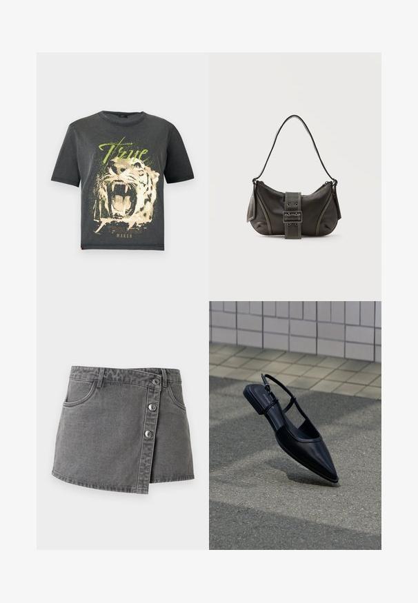 JDY JDYFAROCK ELINA - T-shirts print - black; Grå denim mini nederdel med knaplukning foran, bæltestropper og forlommer, vist mod en hvid baggrund.; Sort slingback-flad sko med spids tå, svævende over en asfaltflade ved siden af en flisebelagt fortov.; Sort læder skuldertaske med spænde på remmen, afrundede kanter og kontrasterende hvide syninger på en ensfarvet baggrund.