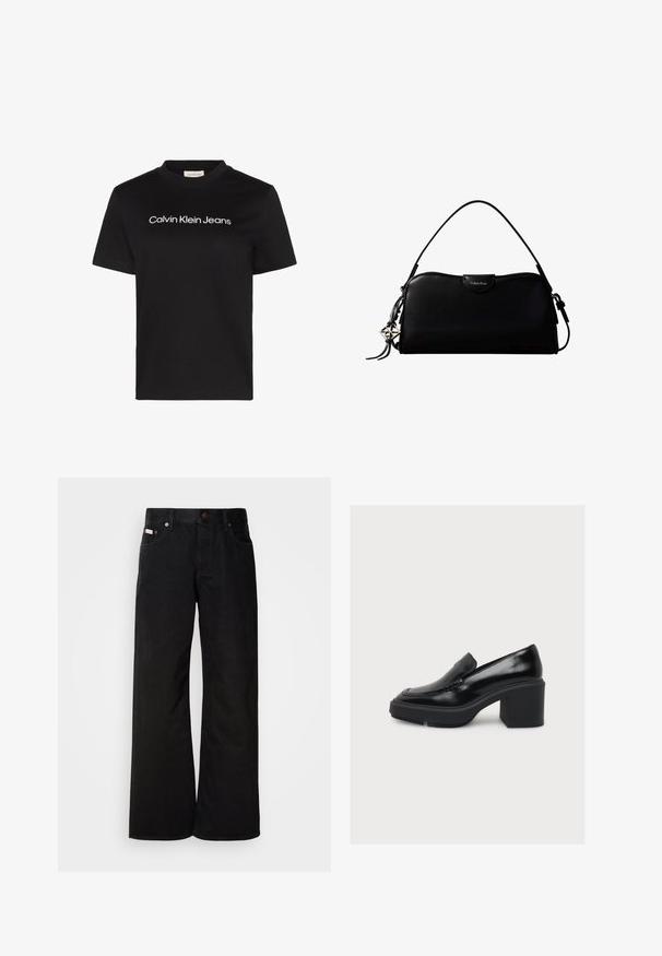 Sort T-shirt med korte ærmer med hvid "Calvin Klein Jeans" tekst centreret på brystet og rund halsudskæring.; Sorte breddebenede jeans lavet af bomuld. Har forlommer, en knaplukning og en klassisk denimtekstur. Minimalistisk design uden mønstre.; Sort læderloafer med chunky høj hæl og plateau-sål, vist i profil på en ensfarvet hvid baggrund.; Sort rektangulær Calvin Klein håndtaske med enkelt toprem, sølvlogo vedhæng og lille klaplukning foran.