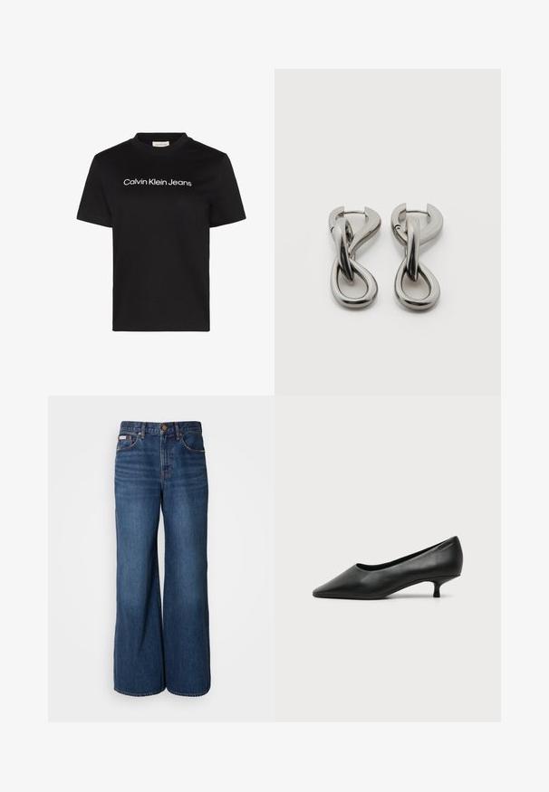 Sort T-shirt med korte ærmer med hvid "Calvin Klein Jeans" tekst centreret på brystet og rund halsudskæring.; Bredde jeans lavet af mørkeblåt denim. Funktioner inkluderer en høj talje, fem lommer og kontrasterende orange syninger langs sømmene.; Sort lavhælet damesko i læder med spids tå og lille kitten heel på ensfarvet lys baggrund.; Par af sølvtonede metale øreringe med abstrakt sammenflettet løbedesign på hvid baggrund.