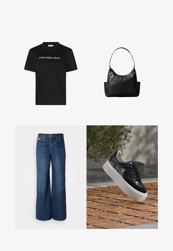 Sort T-shirt med korte ærmer med hvid "Calvin Klein Jeans" tekst centreret på brystet og rund halsudskæring.; Bredde jeans lavet af mørkeblåt denim. Funktioner inkluderer en høj talje, fem lommer og kontrasterende orange syninger langs sømmene.; Sort lædersneaker med hvid tyk sål og CK-logo, svævende over mønstrede træfliser udendørs nær grøntområde og betonvæg.; Sort læder skuldertaske med en enkelt rem, sidelommer og et diskret prægede Calvin Klein-logo på forsiden nederst til højre.