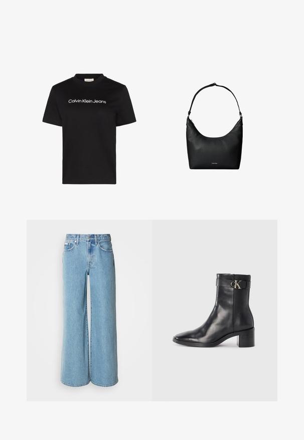 Zwart T-shirt met korte mouwen met witte "Calvin Klein Jeans" tekst gecentreerd op de borst en een ronde hals.; Lichtblauwe wijde jeans van denim, met een hoge taille, vijf pockets en subtiele vervaging langs de stof.; Zwarte leren enkellaars met een spitse neus, blokhak en een bandje met een metallic logo. Gladde textuur en minimalistisch ontwerp.; Zwarte gestructureerde leren schoudertas met een enkele riem en een klein Calvin Klein-logo aan de voorkant in het midden.