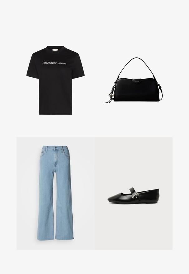 Sort T-shirt med korte ærmer med hvid "Calvin Klein Jeans" tekst centreret på brystet og rund halsudskæring.; Lyseblå vidde jeans lavet af denim, med en tætsiddende talje, fem-lomme design og subtile syningsdetaljer.; Sort læder Mary Jane-flad sko med rundet tå og sølvspænde på ensfarvet baggrund.; Sort rektangulær Calvin Klein håndtaske med enkelt toprem, sølvlogo vedhæng og lille klaplukning foran.