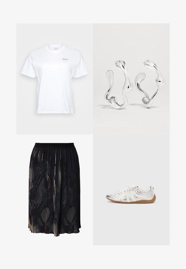 Hvid t-shirt med et lille rødt og turkis "CRUSH it." logo på venstre brystområde, vist mod en neutral baggrund.; Plisseret midiskirt i mørkt stof med abstrakt print, med en sort elastisk talje og varierende stribemønstre over overfladen.; Sølv atletisk sko med en tekstureret, shiny overflade, der har en hvid snørebåndsfront og gummisål. Udsmykket med et fremtrædende logo.; Øreringe i sølvtonede abstrakte bølgede hoops med en glat, reflekterende overflade og uregelmæssige organiske former.