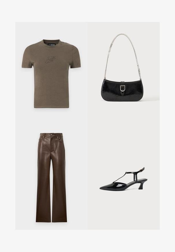T-shirt marron uni à manches courtes avec encolure ronde et initiales brodées discrètes « H K » sur la poitrine.; Pantalons évasés en cuir marron avec une texture lisse, design à cinq poches, fermeture éclair devant et bouton métallique, avec une taille haute.; Chaussure slingback en cuir verni noir à bout pointu avec bride en T et petit talon bloc incliné sur fond blanc.; Sac à épaule en cuir verni noir avec détail de boucle argentée et bandoulière en chaîne argentée, présenté sur un fond uni clair.
