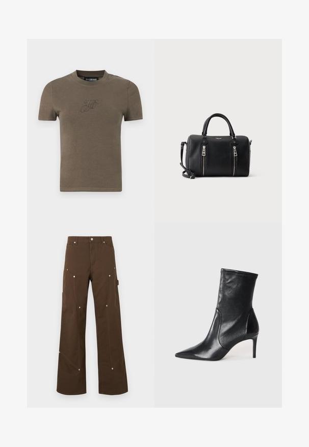 T-shirt marron uni à manches courtes avec encolure ronde et initiales brodées discrètes « H K » sur la poitrine.; Pantalon droit marron avec poches avant et latérales, rivets argentés, passants de ceinture et fermeture par bouton sur fond blanc.; Bottes noires à la cheville en cuir lisse, dotées d'un bout pointu, d'un tige ajustée et d'un talon haut fin. Design minimaliste sans quincaillerie visible.; Sac à main en cuir noir avec doubles poignées, bandoulière détachable, deux fermetures éclair verticales argentées à l'avant et petits clous argentés le long des bords.