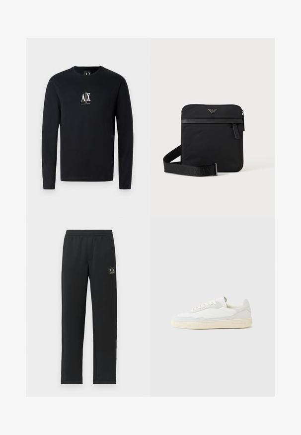Camiseta negra de manga larga de algodón, con un logo blanco de A|X en el pecho. Tiene un cuello redondo y un diseño de dobladillo recto.; Pantalones de chándal negros de pierna recta con cintura elástica y logotipo negro en el muslo izquierdo superior.; Zapatilla blanca con parte superior texturizada de ante y cuero. Presenta una puntera redondeada, cierre con cordones y suela de goma beige contrastante.; Bolso de hombro negro cuadrado con cierre de cremallera, bolsillo delantero y correa ajustable con nombre de marca en relieve.