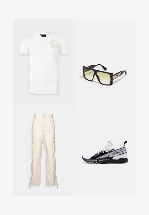 T-shirt blanc à manches courtes avec col rond et petit logo circulaire Versace Jeans Couture sur la partie supérieure gauche de la poitrine.; Guess Originals GO DAVID PANT - Pantalon classique - off-white; Baskets Versace Jeans Couture blanches et noires avec tissu en maille, semelle épaisse, bordure noire et texte de marque sur le côté et la semelle.; Lunettes de soleil noires surdimensionnées avec des verres jaunes dégradés. Présente des branches épaisses et une marque en lettres dorées "MOSCHINO". Monture en plastique lisse.