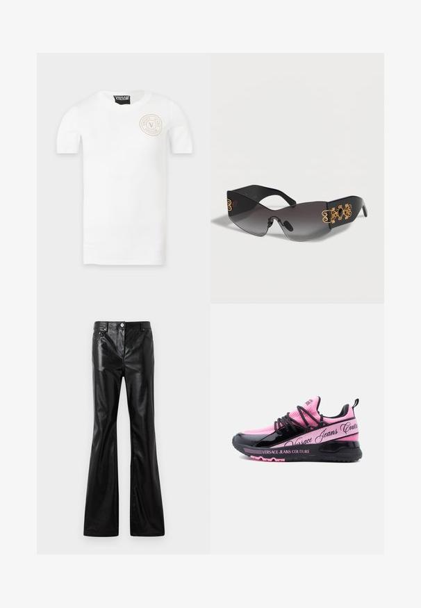 T-shirt blanc à manches courtes avec col rond et petit logo circulaire Versace Jeans Couture sur la partie supérieure gauche de la poitrine.; Rabanne Jean large - black; Baskets de sport noires et roses en mesh et cuir verni, avec lacets, impression de logo et accents texturés sur la semelle extérieure.; Lunettes de soleil enveloppantes noires avec verres à dégradé foncé et décorations dorées ornées sur les branches larges.