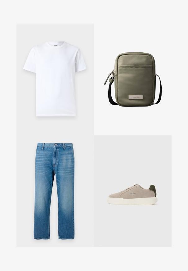 T-shirt en coton blanc avec un col rond et des manches courtes. Design simple sans motifs ni graphiques, avec le logo GAP sur le col.; Jeans en denim bleu clair avec une coupe droite, design à cinq poches, fermeture à bouton et décoloration subtile sur le devant. Pas de motifs visibles.; Baskets en suède beige avec une semelle en caoutchouc blanche, présentant un accent de talon vert foncé et une branding subtile sur le côté.; Sac bandoulière compact vert olive avec poche avant, sangle noire réglable, fermeture zippée et plaque logo Calvin Klein.