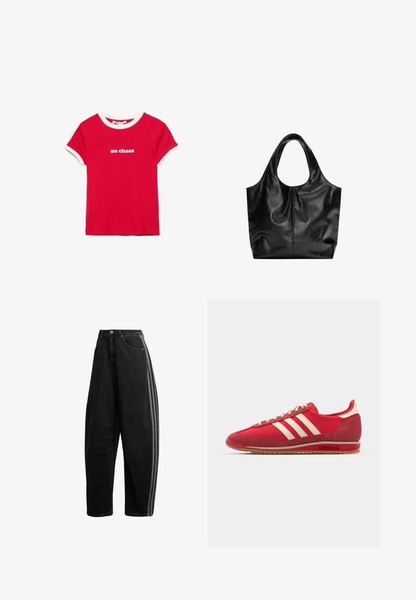 T-shirt rouge à manches courtes avec bordure blanche sur le col et les manches, imprimé avec "no chaos" en lettres minuscules blanches au centre devant.; Jean noir à jambes larges, taille haute, fermeture par bouton et zip, poches avant, et deux bandes grises courant le long des coutures latérales extérieures.; Baskets de sport rouges avec un dessus texturé, trois bandes blanches, bout rond et semelle en caoutchouc avec des détails de logo sur le côté.; Sac fourre-tout en cuir noir avec une texture lisse, un haut arrondi doux et de larges poignées. Présente une couture minimale et une silhouette décontractée.