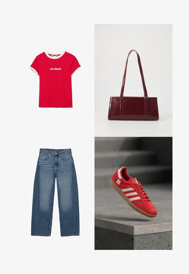 T-shirt rouge à manches courtes avec bordure blanche sur le col et les manches, imprimé avec "no chaos" en lettres minuscules blanches au centre devant.; Jean bleu à large jambe en denim, avec un design classique à cinq poches, un lavage délavé et des coutures ton sur ton.; Chaussure de sport rouge avec des rayures blanches, une broderie florale et une semelle en gomme. Tissu lisse avec des accents en daim. Modèle : Samba.; Sac à main bordeaux en matériau brillant, de forme rectangulaire, avec deux anses et des accents légèrement courbés à l'avant.