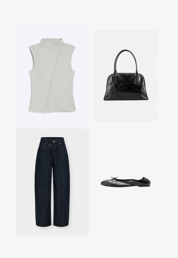 Haut en maille côtelée sans manches gris clair avec un col haut et une fermeture diagonale à boutons sur le devant côté droit.; Jean denim bleu foncé à jambes larges avec fermeture avant par bouton et zip, poches avant et arrière, et détails de coutures orange.; Ballerine en cuir noir avec un petit nœud à l'avant et une couture arrière légèrement froncée, vue de profil sur fond blanc.; Sac à main en cuir noir avec deux poignées supérieures arrondies et une poche avant légèrement incurvée, présenté sur un fond clair uni.