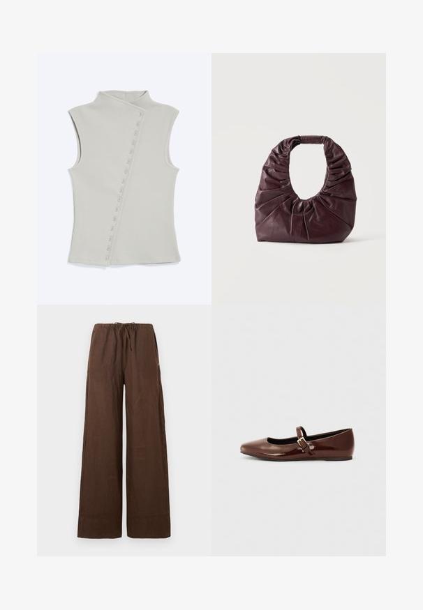 Haut en maille côtelée sans manches gris clair avec un col haut et une fermeture diagonale à boutons sur le devant côté droit.; Pantalon marron à jambes larges avec taille élastique et cordon de serrage, en tissu léger, présenté à plat sur un fond clair.; Ballerine en cuir verni marron avec un bout carré et une lanière ornée d'une petite boucle dorée. Texture lisse, talon bas et design minimaliste.; Sac à main en cuir souple bordeaux foncé avec des détails froncés et une poignée arrondie, posé debout sur un fond clair uni.