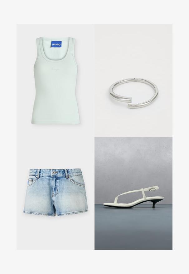 Débardeur vert clair sans manches avec encolure ronde et petite broderie "hugo" centrée sous l'encolure, étiquette bleue "HUGO" à l'intérieur du col.; Shorts en denim bleu clair avec bouton et fermeture éclair à l'avant, deux poches avant, passants de ceinture, et détails délavés.; Sandale blanche à talon kitten avec des lanières et un bout pointu, flottant au-dessus d'un sol en carrelage en bois en plein air avec un arrière-plan flou de plante et de mur.; Calvin Klein SPIRAL - Bracelet - silver-coloured