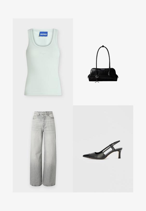 Débardeur vert clair sans manches avec encolure ronde et petite broderie "hugo" centrée sous l'encolure, étiquette bleue "HUGO" à l'intérieur du col.; Jean taille haute à jambes larges en denim gris clair avec poches avant et arrière, passants pour ceinture et fermeture par bouton.; Chaussure à bride arrière en cuir noir avec bout pointu, dotée d'un accent brillant sur le bout et d'un talon de hauteur moyenne. Design latéral ouvert.; Sac à épaule en cuir noir à texture crocodile, avec de longues sangles et un petit charm logo argenté sur une sangle.