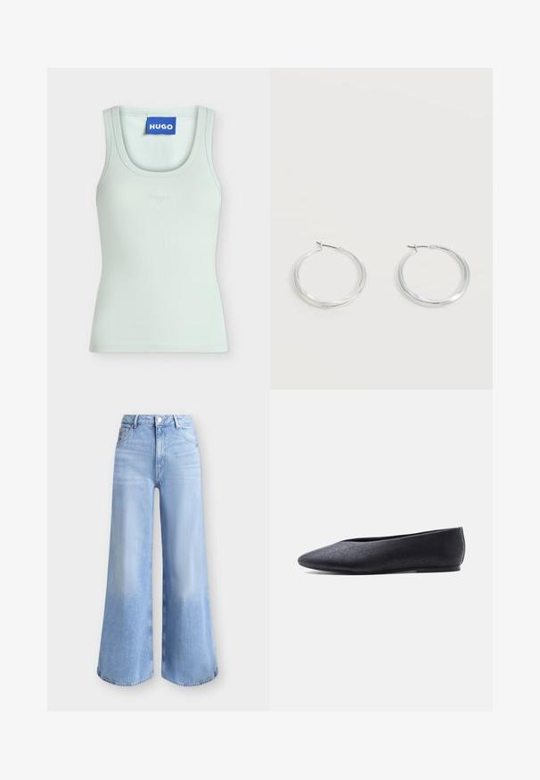 Débardeur vert clair sans manches avec encolure ronde et petite broderie "hugo" centrée sous l'encolure, étiquette bleue "HUGO" à l'intérieur du col.; Jean denim bleu clair à coupe large, taille haute, bouton à l'avant, fermeture éclair et design cinq poches.; Chaussure de ballet plate noire à bout pointu avec un motif perforé subtil, vue de côté sur fond blanc uni.; Boucles d’oreilles créoles en métal argenté avec une surface lisse légèrement incurvée et des fermoirs à clapet sur un fond blanc uni.