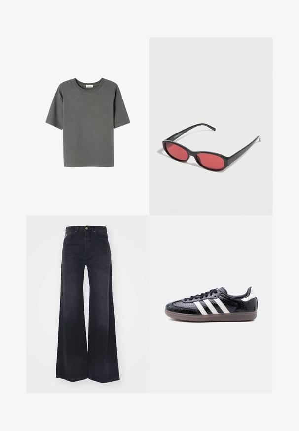 Grijze T-shirt met korte mouwen, ribbeltextuur en ronde halslijn, met recht gesneden zijkanten en minimale stikdetails.; Zwarte jeans met hoge taille en wijde pijpen, voorzien van knopen aan de voorkant, een rits en vijf zakken.; Zwarte sneaker met een laag profiel, met een gestructureerd slangenhuidpatroon, witte strepen aan de zijkant, zwarte veters en een doorschijnende bruine zool.; Zwarte ovale zonnebril met slanke pootjes en rood getinte glazen, rustend op een witte ondergrond.