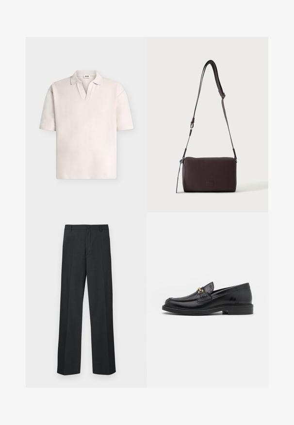 Polo à manches courtes, beige clair, en tissu texturé, col en V ouvert sans boutons visibles, présenté sur un fond uni.; Pantalon gris foncé à coupe droite, fabriqué en tissu texturé, avec une fermeture à bouton unique et des poches latérales.; Mocassins en cuir noir avec un embout rond, présentant des accents en métal doré et des détails de couture, montés sur une semelle en caoutchouc texturé et basse.; Sac bandoulière en cuir marron foncé texturé avec une sangle réglable et un petit accent décoratif bleu sur le côté.
