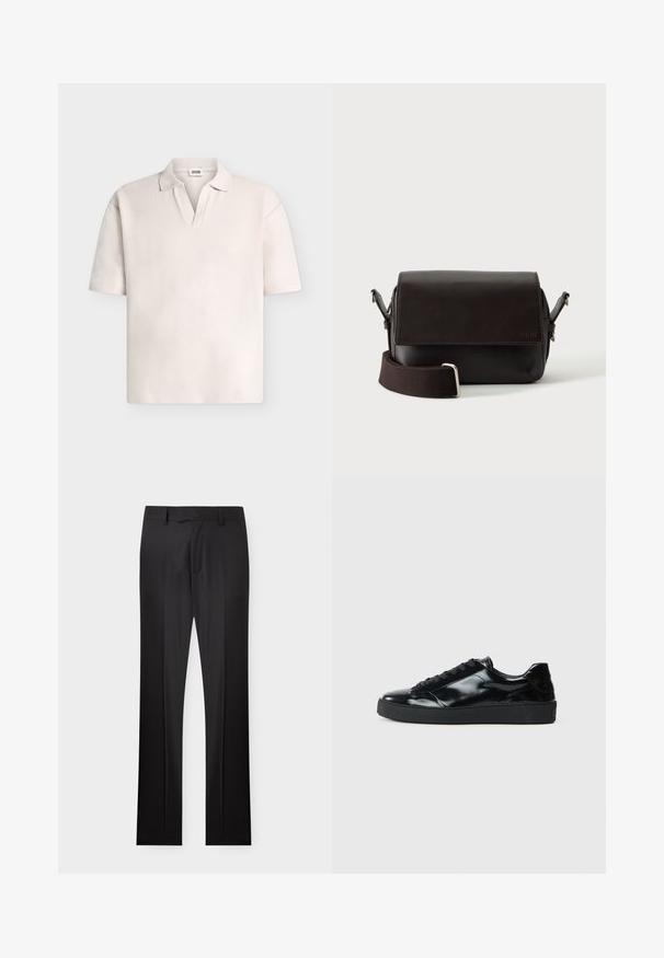 Polo à manches courtes, beige clair, en tissu texturé, col en V ouvert sans boutons visibles, présenté sur un fond uni.; Pantalon formel noir sur mesure avec passants pour ceinture, pli avant et fermeture éclair dissimulée, présenté à plat sur fond blanc.; Baskets en cuir verni noir avec un bout arrondi, un laçage, une semelle en caoutchouc texturé et une finition lisse.; Sac bandoulière en cuir marron foncé avec fermeture à rabat et sangle en tissu réglable sur fond blanc.