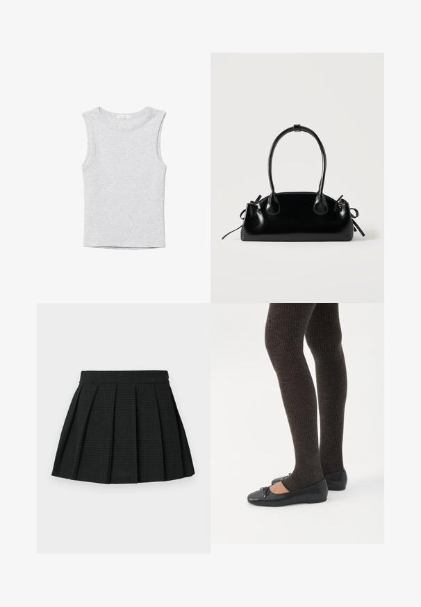 Débardeur court gris clair sans manches avec encolure ronde, en tissu tricoté doux.; Jupe plissée noire en tissu texturé. Dispose d'une taille et d'un léger motif écossais tout au long. Longueur courte avec des plis superposés.; Jambes portant des leggings côtelés foncés associés à des ballerines noires avec de petits détails en nœud sur fond blanc.; Petit sac à main noir brillant avec deux longues anses et des détails à cordon sur les côtés sur un fond clair uni.