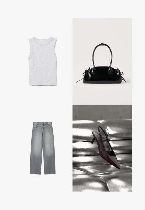 Débardeur court gris clair sans manches avec encolure ronde, en tissu tricoté doux.; Jean en denim gris à jambes larges avec une finition légèrement décolorée, doté de cinq poches, d'une fermeture à bouton à l'avant et de passants de ceinture.; Escarpin slingback à talon haut, rouge foncé brillant avec bout pointu, présenté sur une surface en cuir argenté capitonné et brillant.; Petit sac à main noir brillant avec deux longues anses et des détails à cordon sur les côtés sur un fond clair uni.