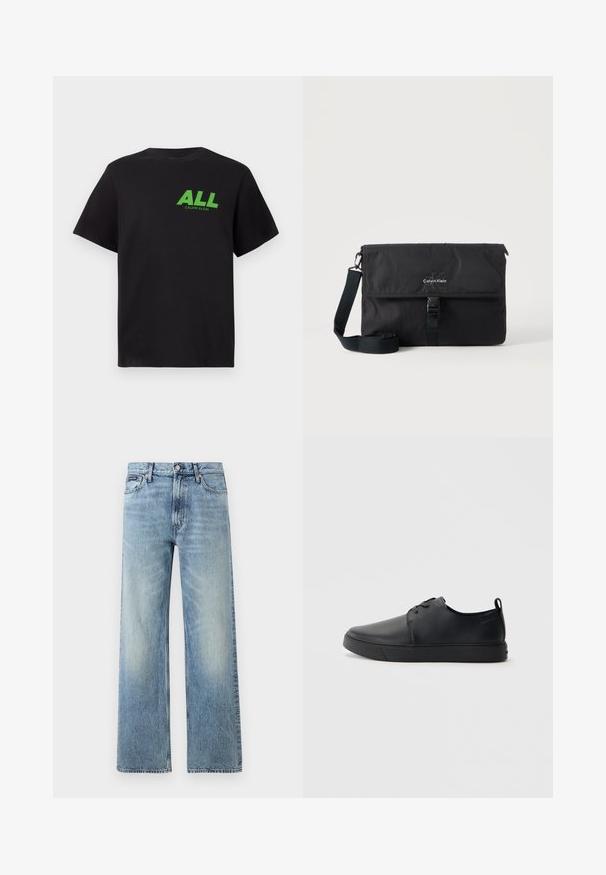 Sort kortærmet T-shirt med grøn "ALL" tekst og mindre "Calvin Klein" logo trykt på den øverste venstre bryst.; Lyseblå denim jeans med lige ben, højt talje, fem lommer, knaplukning og diskrete falmede områder på lår og knæ.; Sorte lædersneakers med en glat finish, rund tå, tonalt syning, snøring foran og en flad gummisål. Løkke ved hælen.; Sort Calvin Klein messenger-taske med justerbar skulderrem og frontklap sikret med spænde, vist mod en ensfarvet baggrund.