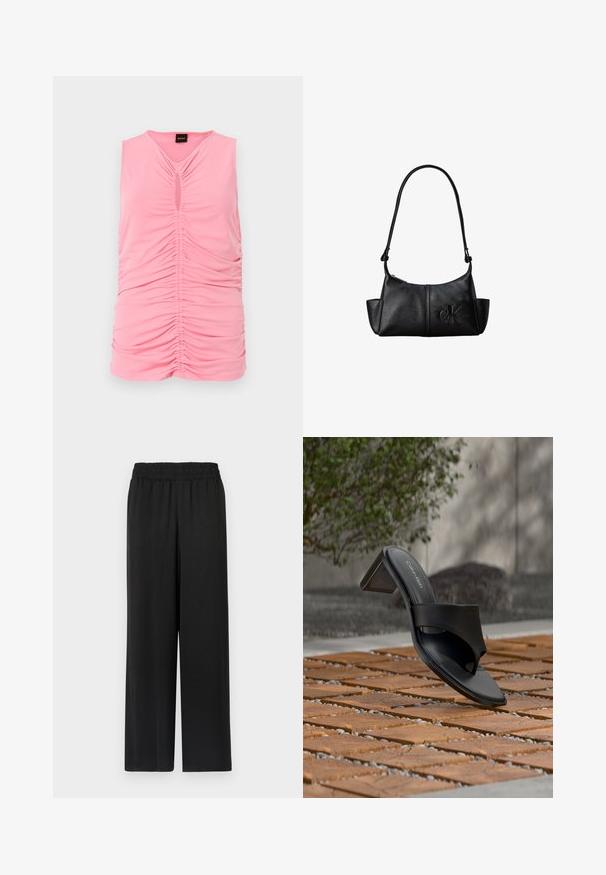 Haut sans manches rose en tissu doux, avec une texture froncée et une ouverture en forme de clé au niveau du col. Design lisse et ajusté.; Pantalon large noir avec une taille élastique, fabriqué dans un tissu lisse et léger. Présente une coupe droite et sans motifs visibles.; Sandale à talon noire Calvin Klein avec boucle pour l’orteil, posée sur un sol en carreaux de bois en extérieur, près d’un arbre et d’un mur en pierre.; Sac à bandoulière en cuir noir avec une longue sangle, des poches latérales et le logo Calvin Klein embossé sur le devant.