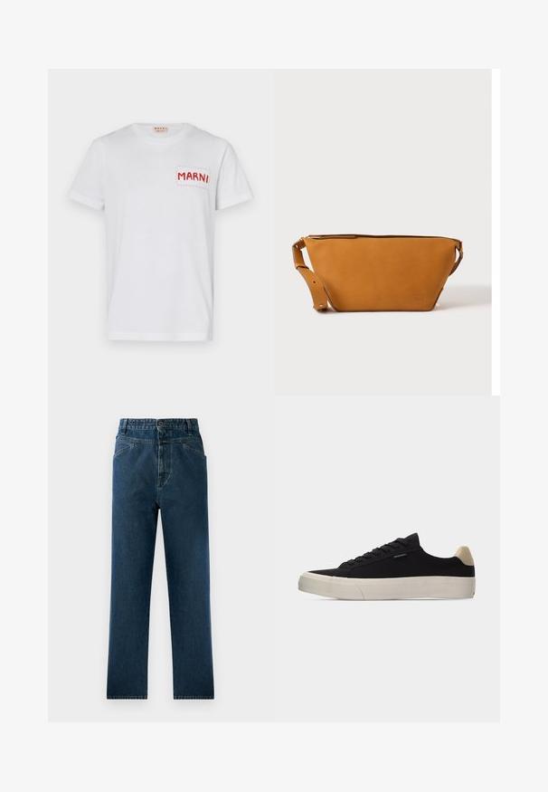 T-shirt en coton blanc avec une poche rouge brodée portant "MARNI" sur le côté gauche de la poitrine et des manches courtes. Texture lisse, col rond classique.; Jean droit en denim bleu foncé avec taille haute, comprenant des poches avant et une fermeture à bouton. Tissu texturé avec un léger dégradé.; Baskets basses noires avec languette beige au talon, semelle en caoutchouc blanche épaisse, lacets noirs et petite étiquette "PS Paul Smith" sur le côté.; Sac bandoulière en cuir marron clair avec sangle réglable et fermeture éclair, présenté sur un fond clair uni.