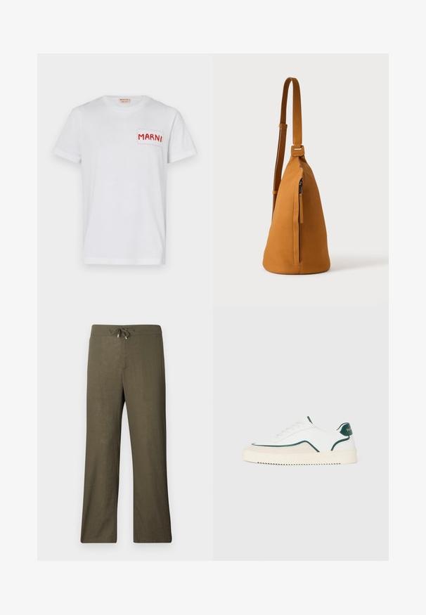 T-shirt en coton blanc avec une poche rouge brodée portant "MARNI" sur le côté gauche de la poitrine et des manches courtes. Texture lisse, col rond classique.; Pantalons en lin olive, ample, avec taille à cordon et jambes larges. Texture lisse, design minimaliste, sans motifs ni accents visibles.; Baskets basses blanches avec des bords verts, des détails en suède beige et une semelle de couleur crème avec un fond rainuré.; Sac besace en cuir couleur fauve avec sangle réglable et poche verticale zippée, présenté de profil sur un fond clair uni.