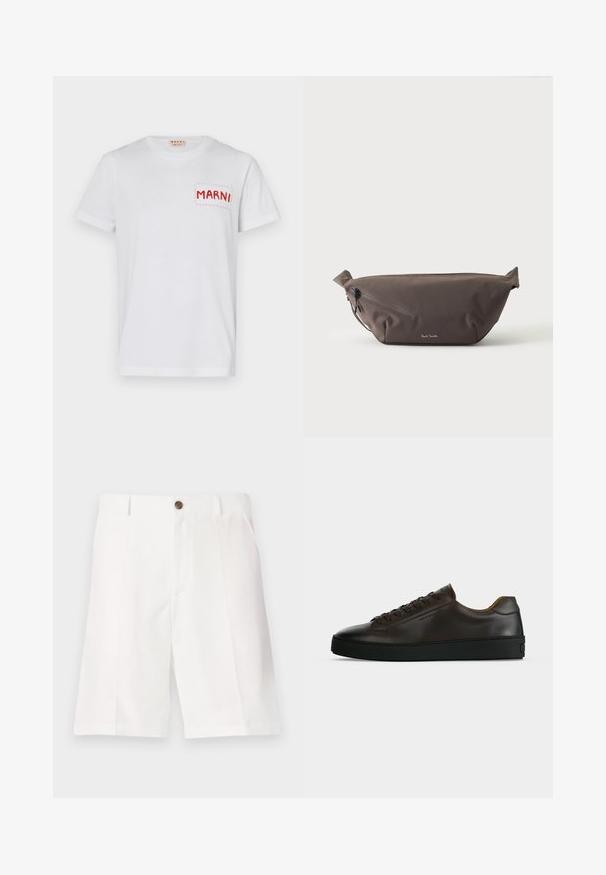 Hvid bomulds t-shirt med en rød syet lomme med "MARNI" på venstre bryst og korte ærmer. Glat tekstur, klassisk rund hals.; Hvide bermuda-shorts lavet af letvægtsstof med en afslappet pasform, der har en enkelt brun knap og frontlommer.; Lavprofil mørkebrune lædersneaker med sort gummisål, snørelukning foran og glat minimalistisk design på lys baggrund.; Mørkebrun stof talje taske med diagonalt lynlåslomme og lille hvidt logo på fronten, sat mod en ensfarvet lys baggrund.