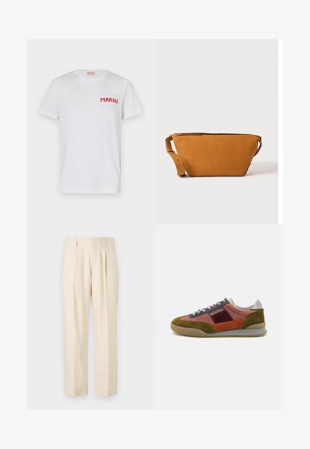 Weißes Baumwoll-T-Shirt mit einer rot gestickten Tasche mit "MARNI" auf der linken Brust und kurzen Ärmeln. Glatte Textur, klassischer Rundhalsausschnitt.; NN.07 KAY - Stoffhose - off white; PS Paul Smith DOVER - Sneaker low - pink; Hellbraune Leder-Umhängetasche mit verstellbarem Schulterriemen und Reißverschluss, vor einem schlichten hellen Hintergrund gezeigt.