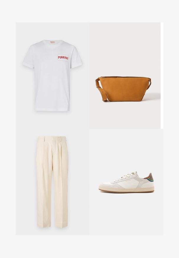 Camiseta de algodón blanca con un bolsillo bordado en rojo que dice "MARNI" en el lado izquierdo del pecho y mangas cortas. Textura suave, escote redondo clásico.; NN.07 KAY - Pantalones - off white; Zapatilla blanca de perfil bajo con suela beige, cordones delanteros, detalle en verde y azul en el talón, y sutil logo dorado "Paul Smith" en el lateral.; Bolso bandolera de cuero marrón claro con correa ajustable y cierre de cremallera, mostrado sobre un fondo claro y liso.