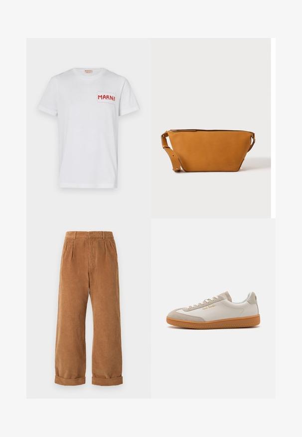 Witte katoenen t-shirt met een rode gestikte zak met "MARNI" op de linkerkant van de borst en korte mouwen. Gladde textuur, klassieke ronde halslijn.; Bruine corduroy broek met een wijd model, voorzien van voorplooien en opgerolde zomen. De stof heeft een gestructureerd, geribbeld uiterlijk.; Witte en beige lage sneakers met een gumrubberen zool, witte veters, suède details en een gouden "Paul Smith" logo aan de zijkant.; Lichtbruine leren crossbodytas met verstelbare band en ritssluiting, getoond tegen een effen lichte achtergrond.
