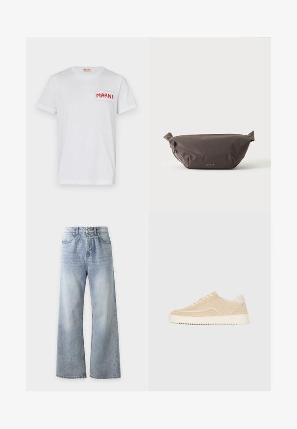 Weißes Baumwoll-T-Shirt mit einer rot gestickten Tasche mit "MARNI" auf der linken Brust und kurzen Ärmeln. Glatte Textur, klassischer Rundhalsausschnitt.; Hellblaue Jeans mit hoher Taille und weitem Bein, Fronttaschen, Knopfverschluss und ausgewaschenem Effekt an Oberschenkeln und Knien.; Beige Wildlederschuh mit weißer Sohle und Schnürsenkeln, niedrig geschnittenes Design und Zickzackprofil auf der Sohle.; Dunkelbraune Stoff-Gürteltasche mit diagonalem Reißverschlussfach und kleinem weißen Logo vorne, vor einem einfarbigen hellen Hintergrund.