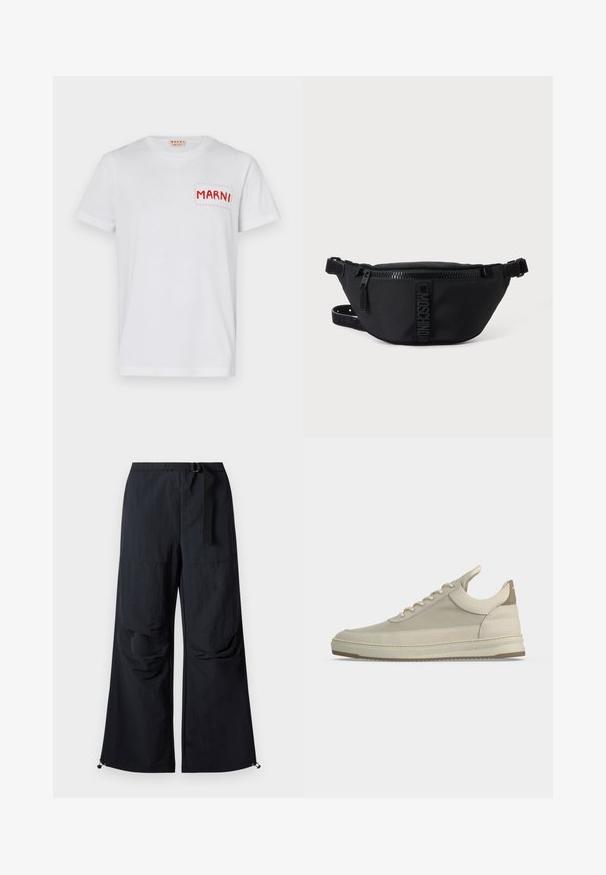 T-shirt en coton blanc avec une poche rouge brodée portant "MARNI" sur le côté gauche de la poitrine et des manches courtes. Texture lisse, col rond classique.; Pantalon noir à jambes larges en tissu léger. Dispose d'une ceinture, de deux grandes poches latérales et d'ourlets ajustables avec fermetures à cordon.; Baskets basses beiges avec fermeture à lacets, panneaux latéraux texturés et semelle épaisse avec un marquage discret sur le côté.; Sac banane noir Moschino avec fermeture éclair frontale et sangle ajustable sur un fond uni clair.